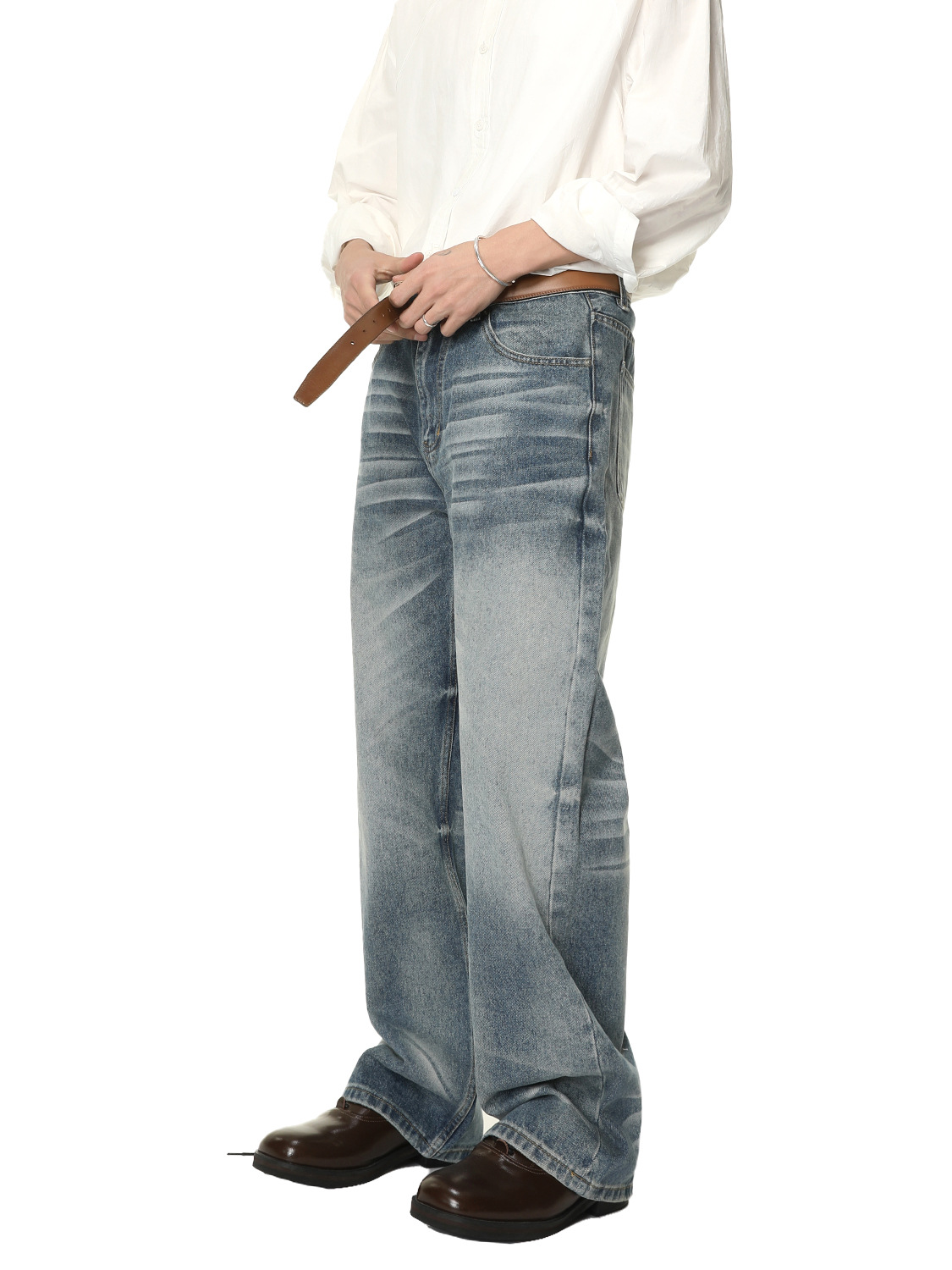 MTLCLOTHES Hombres| El gato de la calle alta lavado en agua estriado pliegue retro hacer viejos jeans de piernas anchas rectas de moda