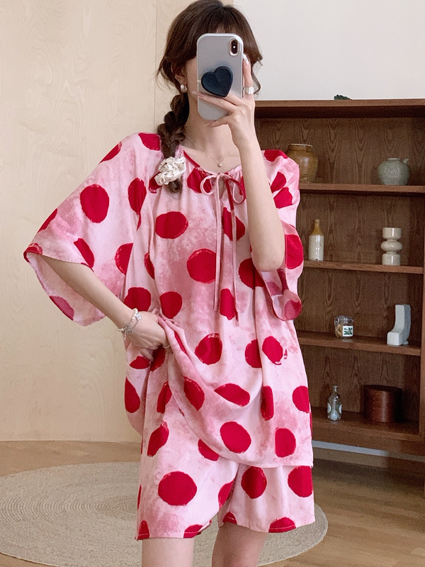 Cotton Silk Pajamas for Women Summer Short-Sleeved Shorts Cotton Silk Home Clothes Artificial Cotton Suit Cute Large Size 100kg Small