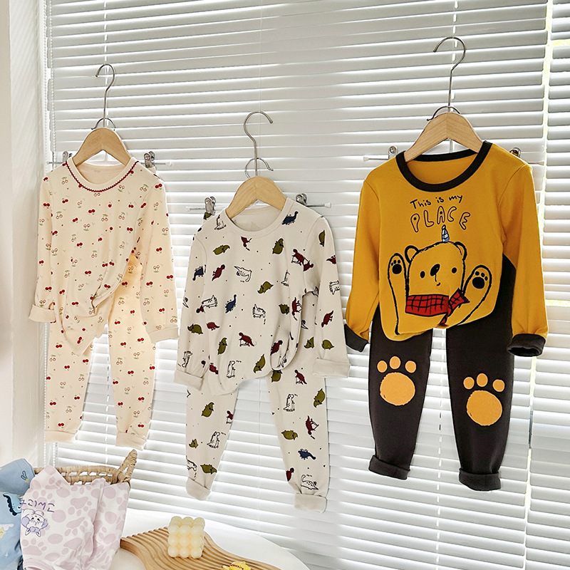 Children's Cotton Underwear Set, Baby Autumn Clothes, Boys' Shirts and Pants, Girls' Round-Neck Base Layer Shirt, Pure Cotton, Comfortable