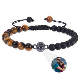 亚马逊新款虎眼石投影图片定制手链天然磨砂石照片定 制情侣手链