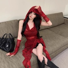 官图实价 废土风红色网纱荡领连帽t恤女荷叶边不规则带袖套上衣