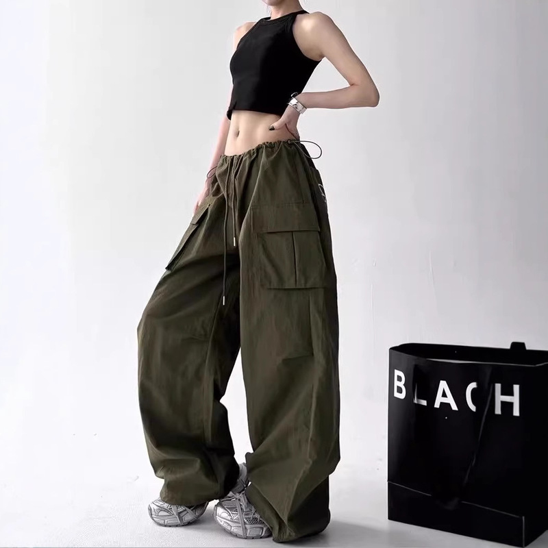 アメリカンワークウェアワイドレッグパンツ女性用2025新しいホットスタイル夏巾着ハイウエストプリントデザインフロアレングスパンツトレンディ|undefined