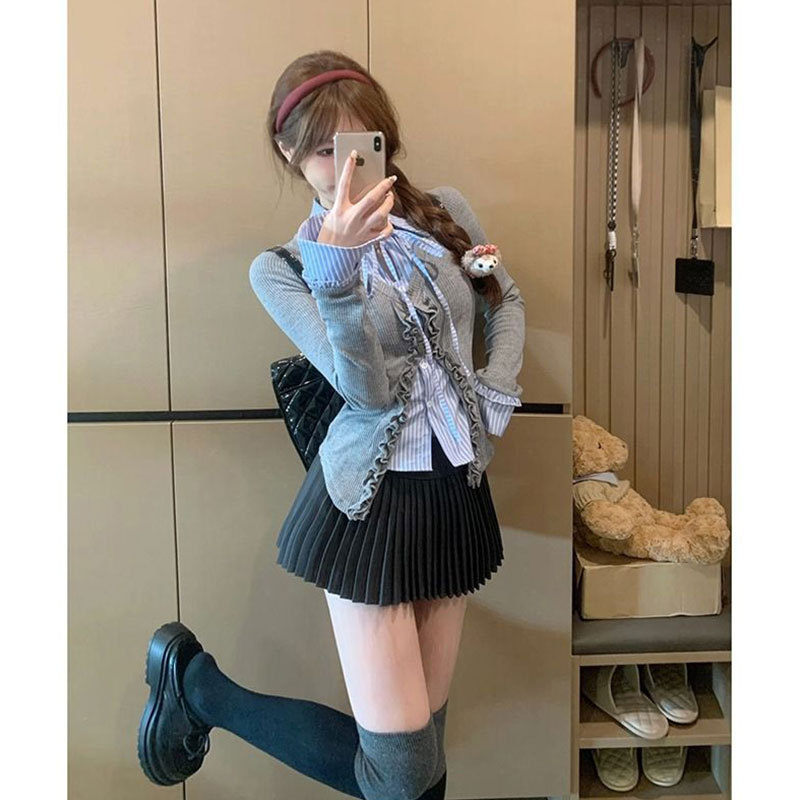早秋新款法式复古气质小个子减龄假两件长袖拼接衬衫百褶裙两件套|undefined