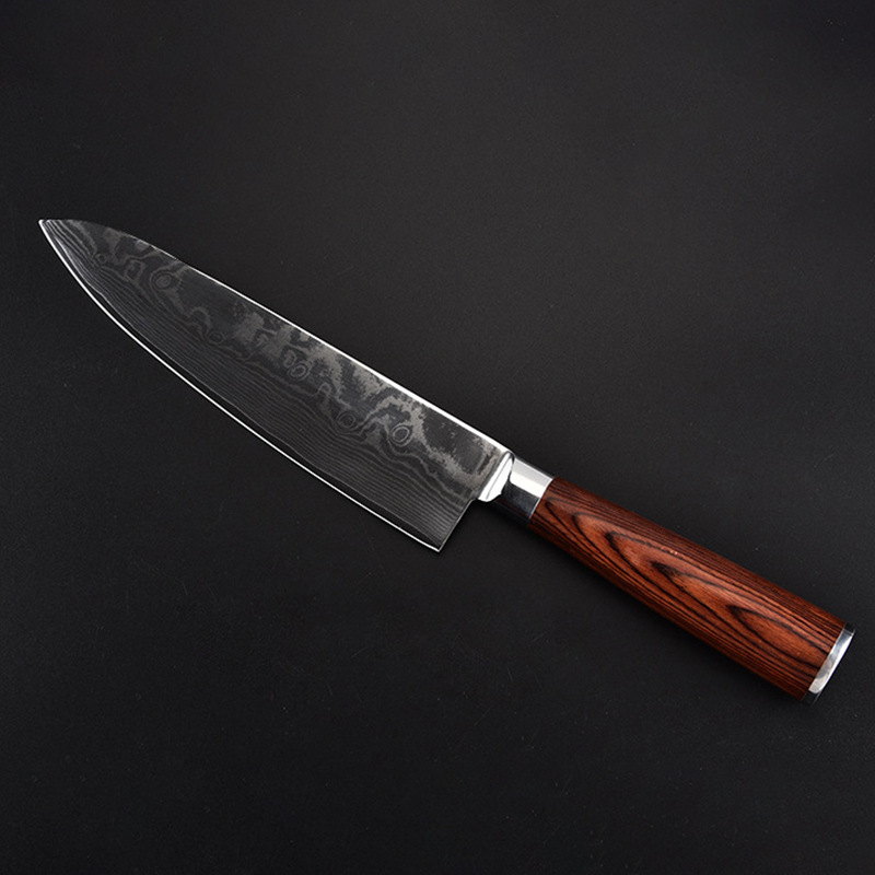 Cuchillo de acero de Damasco 8 pulgadas mango de madera de color cuchillo de chef japonés cuchillo de cocina de acero inoxidable de 73 capas caja de regalo al por mayor