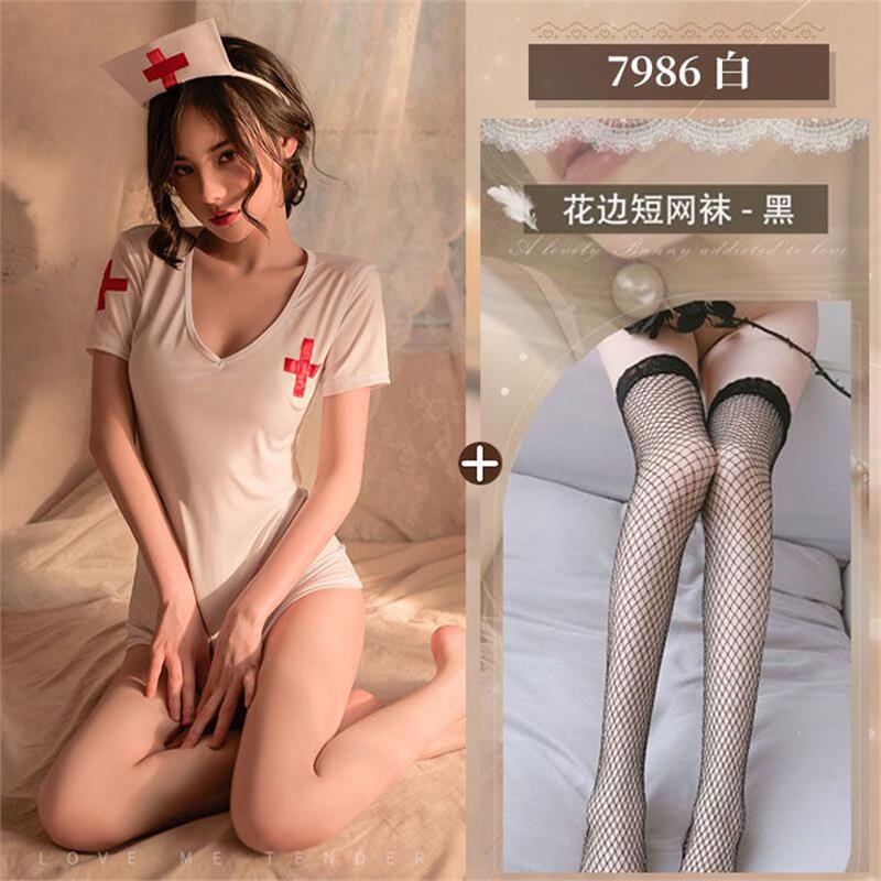 간호사 (머리띠 + 스커트 + T바지) + 검정 망사스타킹