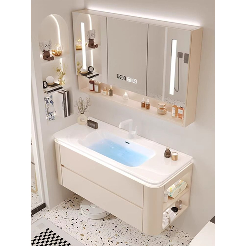 Cerámica integrada cuenca crema estilo baño gabinete combinación simple lavado de manos lavabo baño lado gabinete