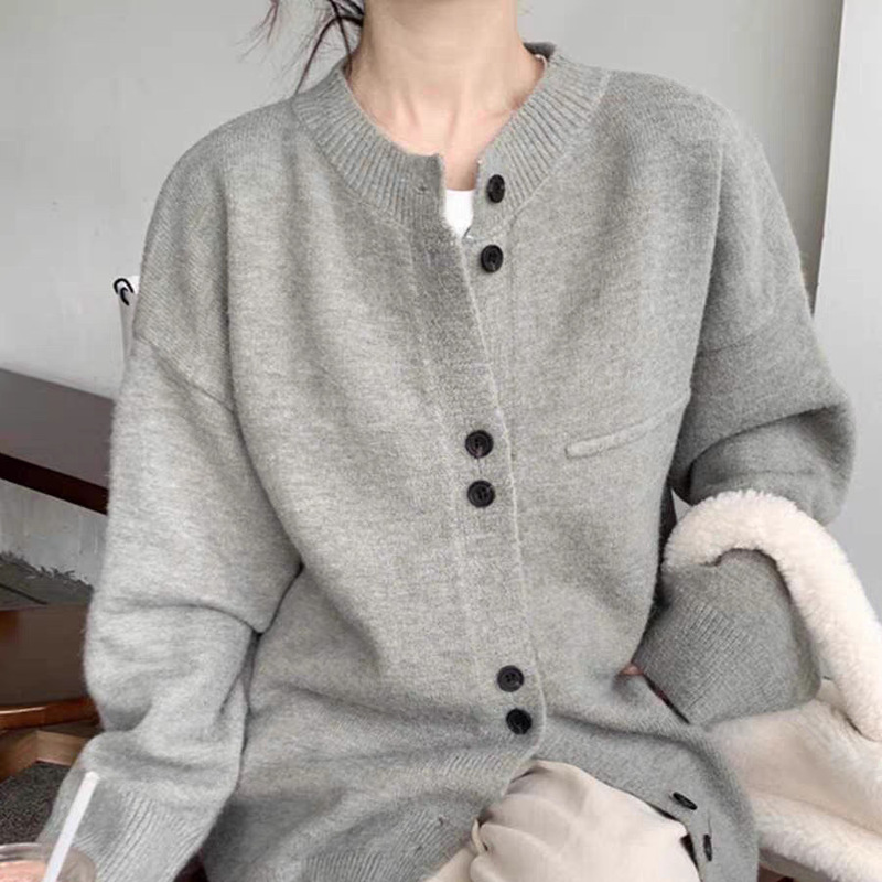 灰色宽松慵懒风日系针织开衫女秋冬软糯小香风毛衣外套设计感上衣|undefined