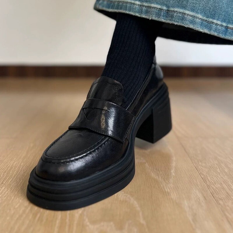 Quiet Bottom Soft Leather Thick Bottom British Style All-match Loafers Women's Thick Heel High Heel Single-layer Shoes Small Height-increasing Small Leather Shoes
