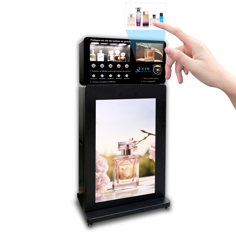 Gabinete de venta de autoservicio de spray automático extranjero, máquina expendedora de perfumes pequeños de IA inteligente, máquina expendedora inteligente vertical no tripulada