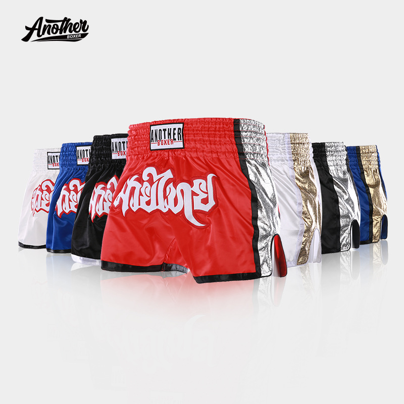 Muay Thai shorts, high-impact kickboxing pants, with shiny leather detailing on the sides, martial arts team uniform, for cross-border Muay Thai training