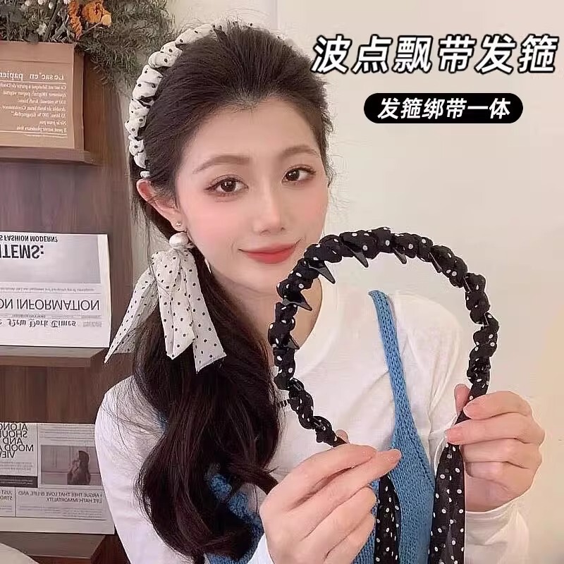 水玉模様のリボンヘアバンド 女性用 2025年 高頭囲用 ヘアバンド一体型 ヘアゴム ヘアピン ヘアアクセサリー シャネル風|undefined