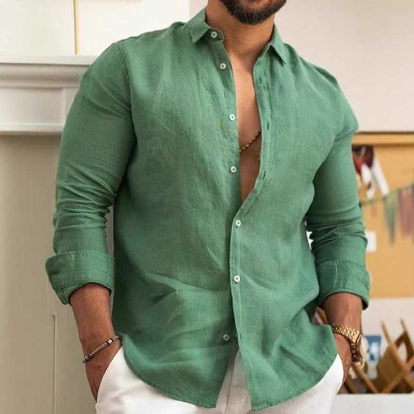 Men's Cotton And Linen Plain-Color Long-Sleeved Shirt With Collar Button, Youth Fashion Casual Style_viptrois.com