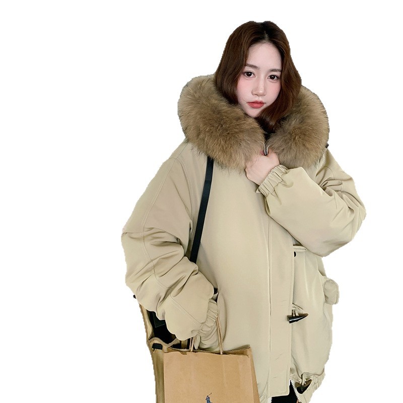 Comercio exterior ropa de algodón corta de mujer estilo coreano en forma de una ropa de pan gruesa abrigo de algodón de plumón gran cuello de pelo abrigo de trabajo image 5