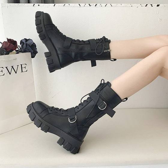 Thick bottom middle tube thick heel slim handsome biker knight boots 2024 autumn new all-match British style martin boots women