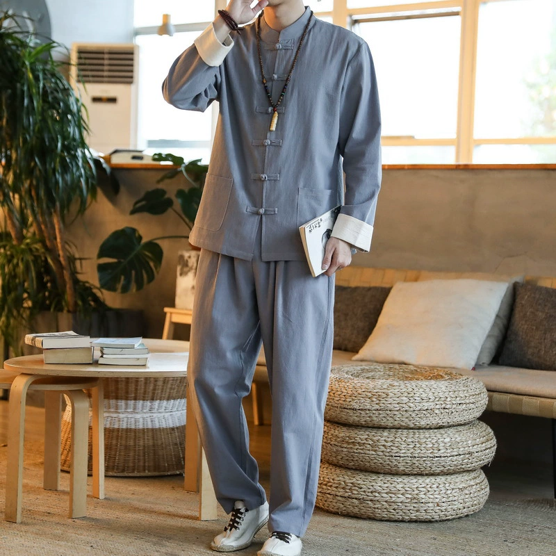 2024 осеннее платье новый мужской длинный рукав брюки хлопчатобумажный набор из льна китайский стиль