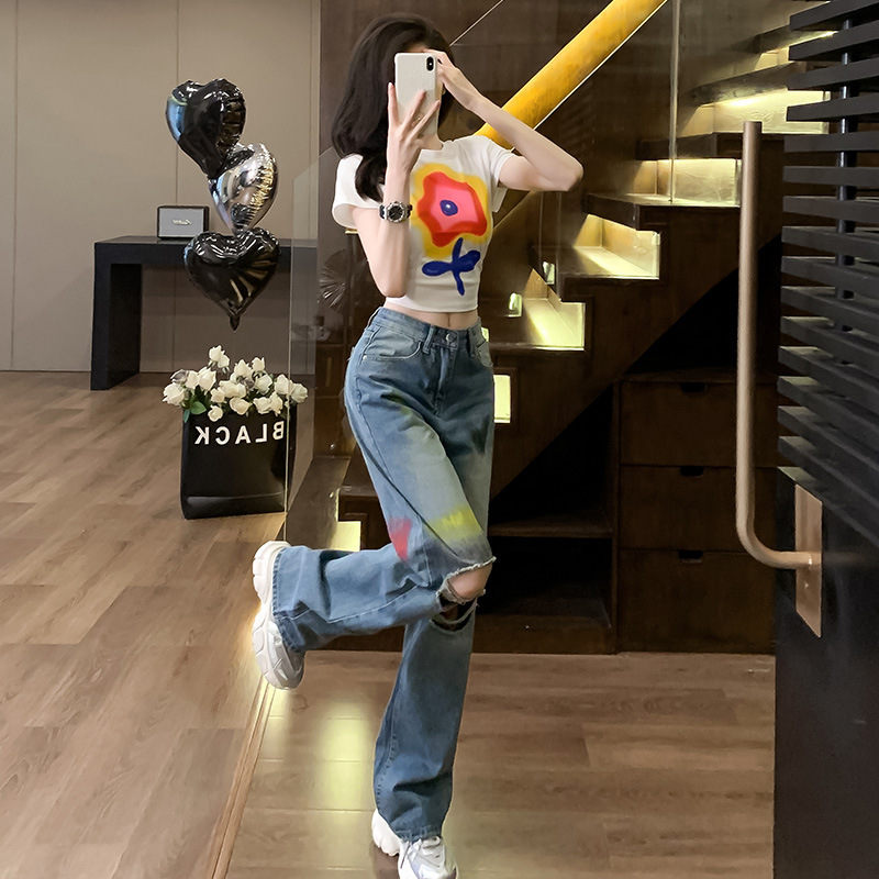 LC-2019 printed short T-shirt women's slim-fit graffiti blue washed ripped Denim wide-leg pants