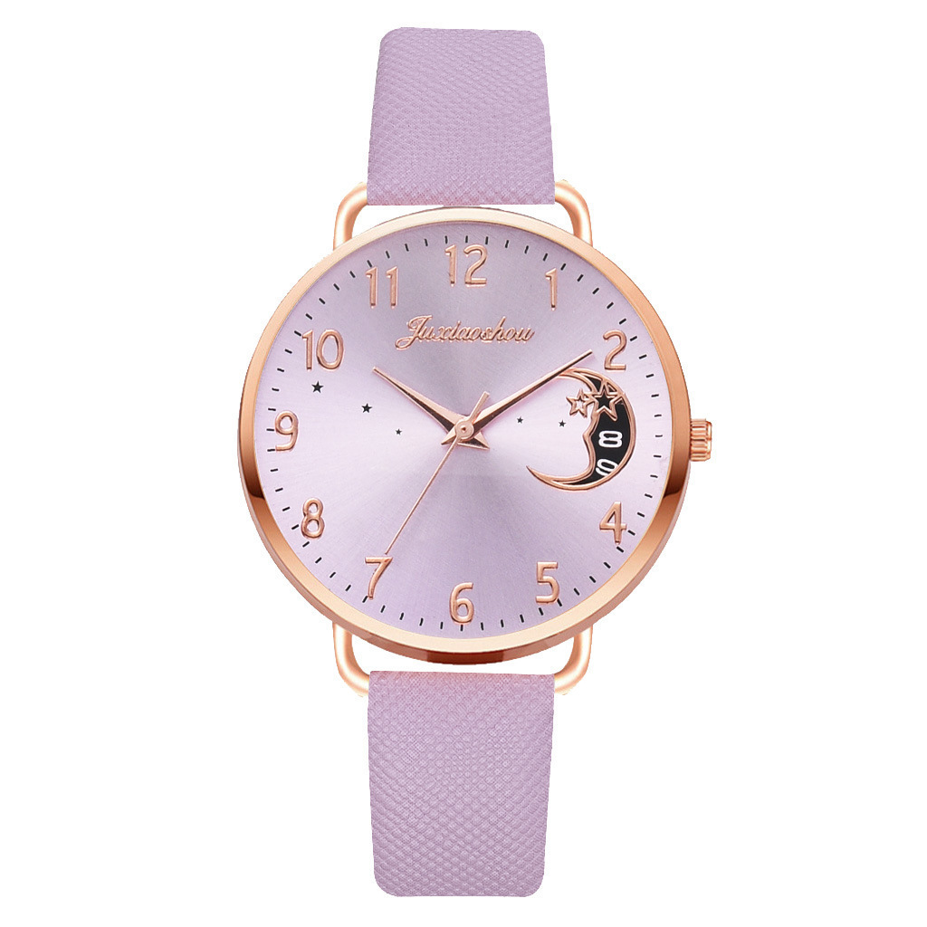 new hot women's personality quartz watch set Pu with moon pattern dial with calendar_voghion.com