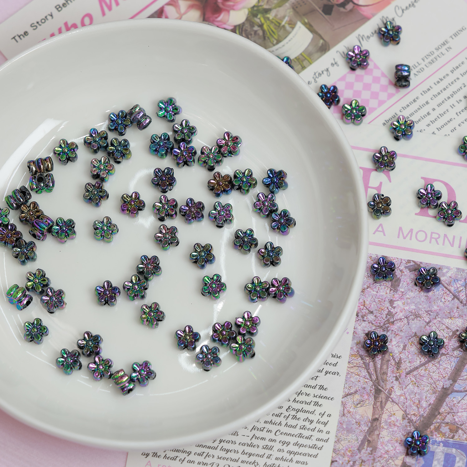 亚克力樱花串珠电镀AB彩直孔小花diy手串手工饰品配件材料手链