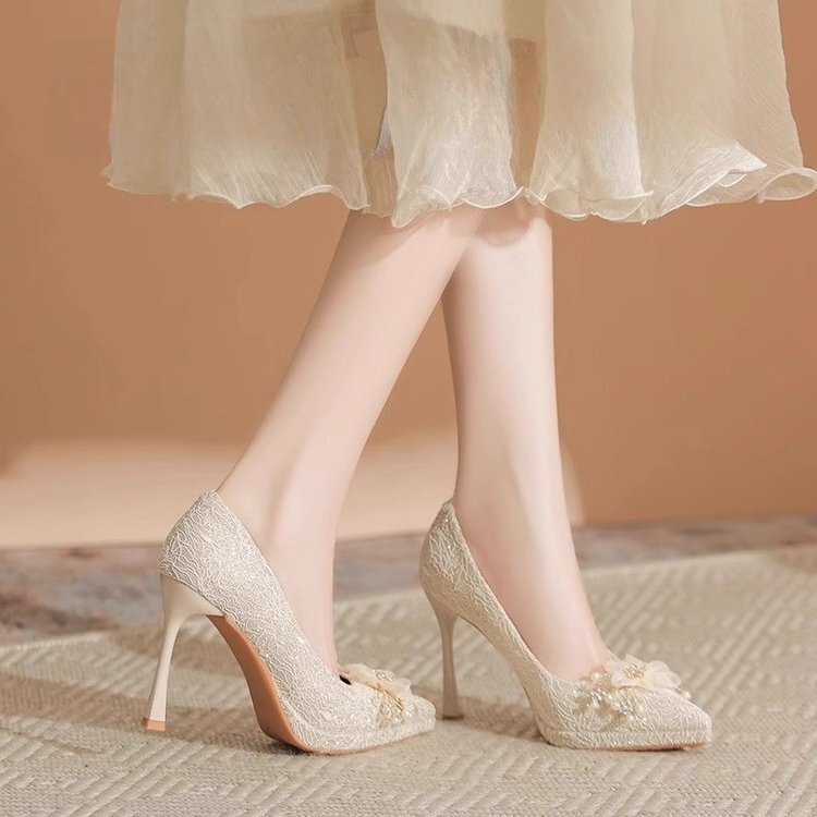 French Champagne Color Fine Glitter Waterproof Platform High Heels for Women's Bridal Wedding Dress Two-Wear Stiletto Thick Sole Non-Tiring High Heels French Champagne Color Fine Glitter Waterproof Platform High Heels for Women's Bridal Wedding Dress Two-Wear Stiletto Thick Sole Non-Tiring High Heels