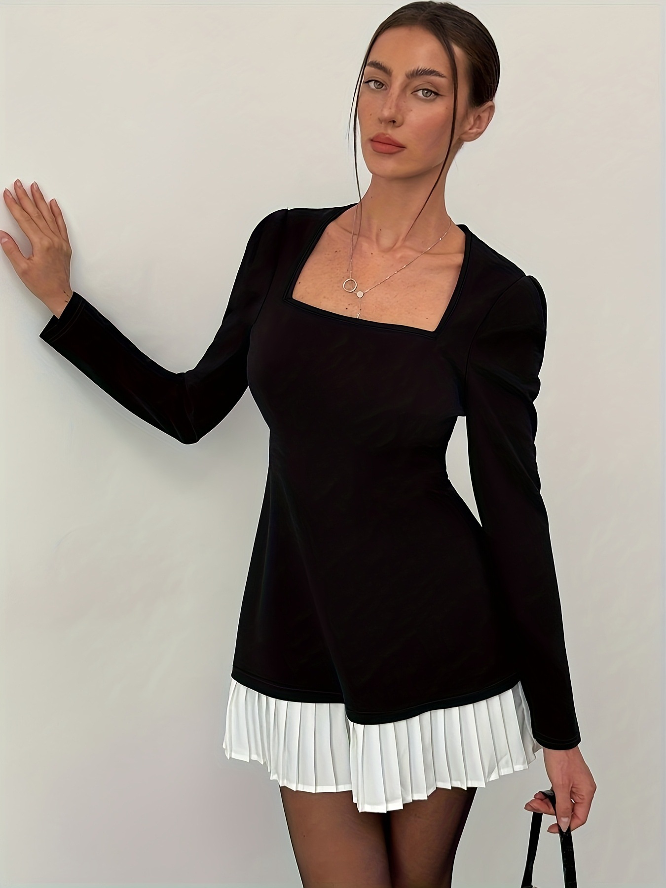 Fashionable Women's French Retro Long-Sleeved Pleated Long Dress