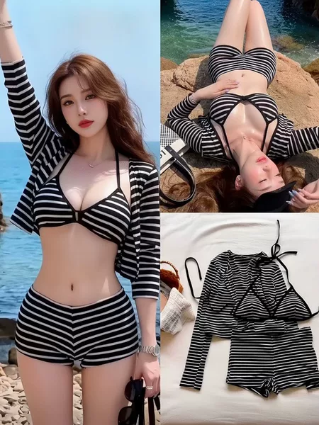 Women's sexy striped three-piece swimsuit, slimming V-neck, conservative boxer briefs bikini for seaside vacations and hot springs
