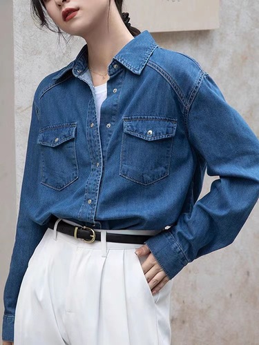 Blue Vintage Denim Jacket for Women Spring Straight Shoulder Top Design Sensory Minority Layering Shirt Spring