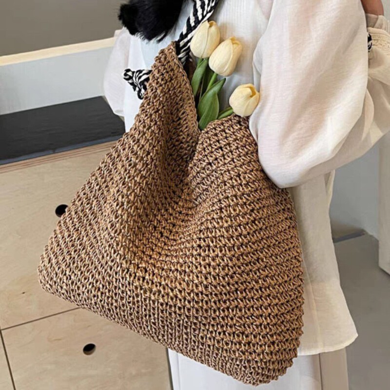New Navy Style Straw Bag Ins Handmade Woven Bag Single Shoulder Large Capacity Tote Bag Vacation Beach Bag Women's Bag