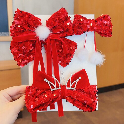New Year Hair Accessories Children's Hairpin Little Princess Crown Bow Red New Year Hairpin Girls Happy New Year Headwear