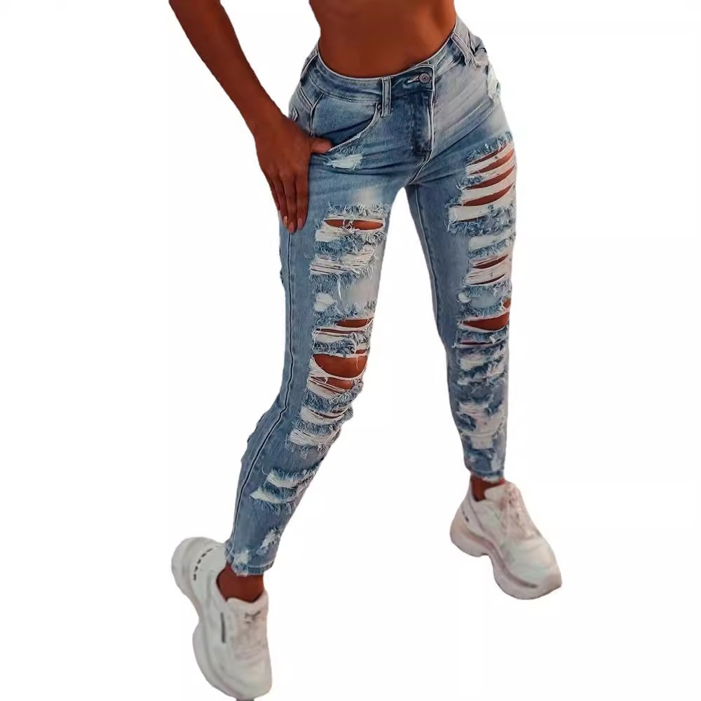 Jeans Ajustados con Rotos para Mujer, Mezclilla de Algodón y Poliéster, Alta Elasticidad image 5