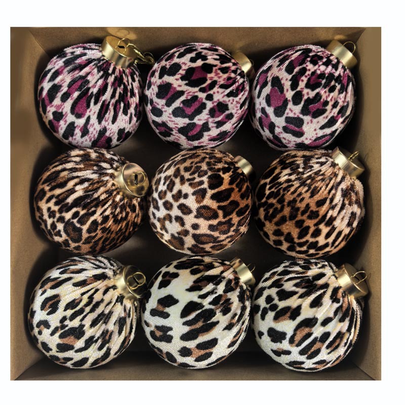 Explosión de 8CM tela de tela de plástico de Navidad hecha a mano bola de tela de tela de leopardo árbol de Navidad bola de decoración de Navidad