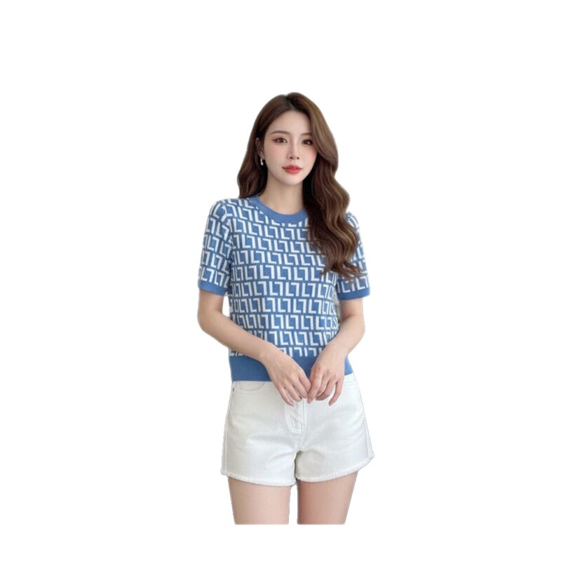 Nanyou 26 Summer Color-Block Geometric Jacquard Short-Sleeve Knit Pullover Top for Women, Trendy In-Stock Nanyou Women's High-Quality Cotton Clothing Nanyou 26 Summer Color-Block Geometric Jacquard Short-Sleeve Knit Pullover Top for Women, Trendy In-Stock Nanyou Women's High-Quality Cotton Clothing