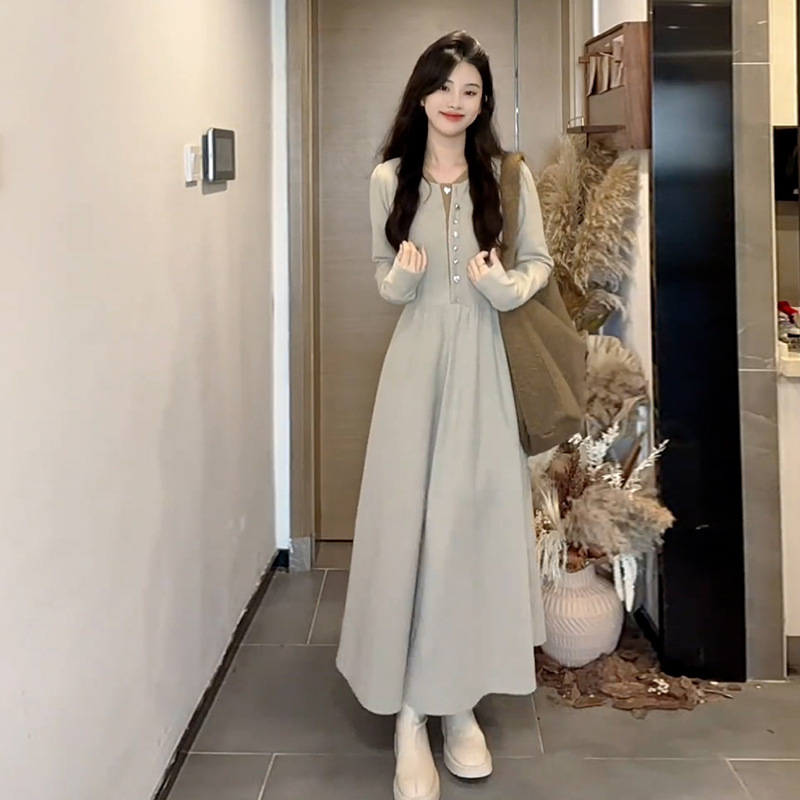 冷淡系漂亮独特别致气质内搭打底长袖连衣裙子长裙2025新款女秋季|undefined