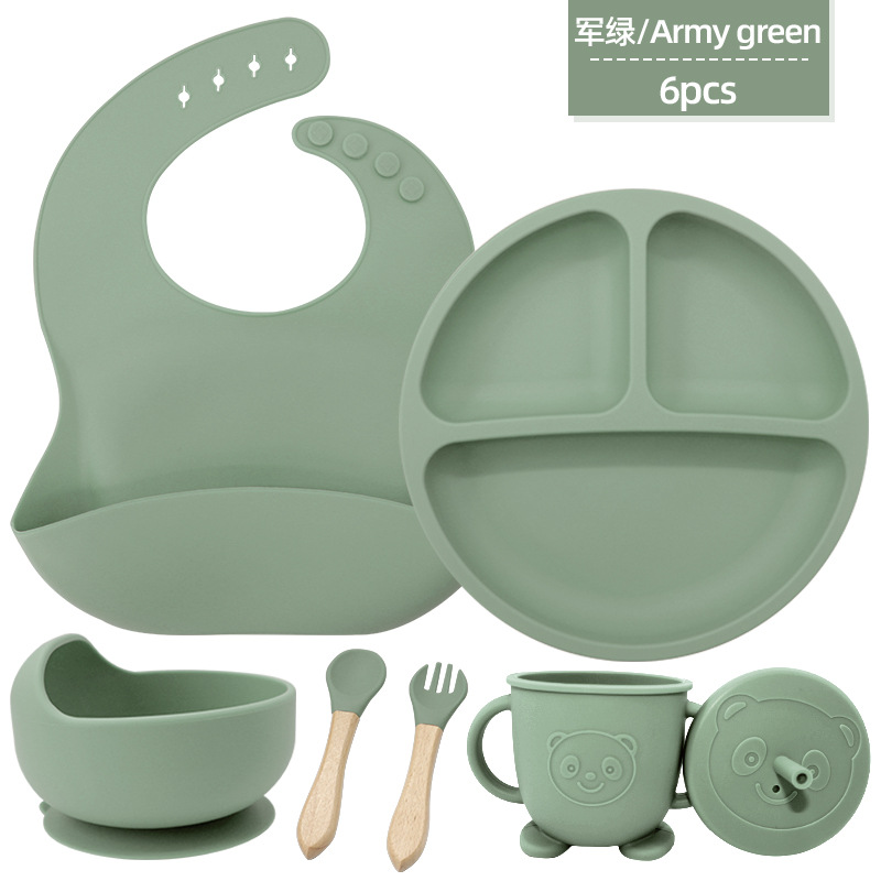 Juego de seis piezas de vajilla de silicona para niños, vajilla de alimentación para bebés para niños, tenedor, cuchara, ventosa, bolsa de arroz, taza de agua