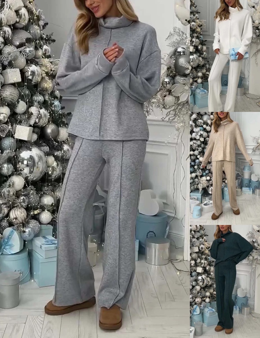 Abbigliamento donna autunno e inverno tinta unita casual versatile maglia tuta collo alto manica lunga pantaloni donna_voghion.com