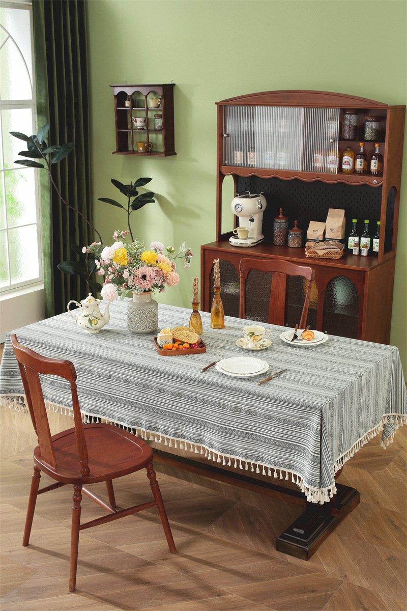 Nappe En Jacquard Style Ethnique Américain Avec Franges Et Dentelle_voghion.com