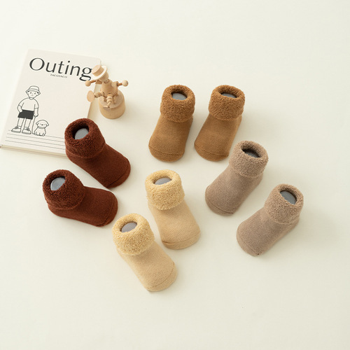 23 newborn baby autumn and winter terry lined thickened anti-slip floor socks for boys and girls warm learning to walk socks wholesale