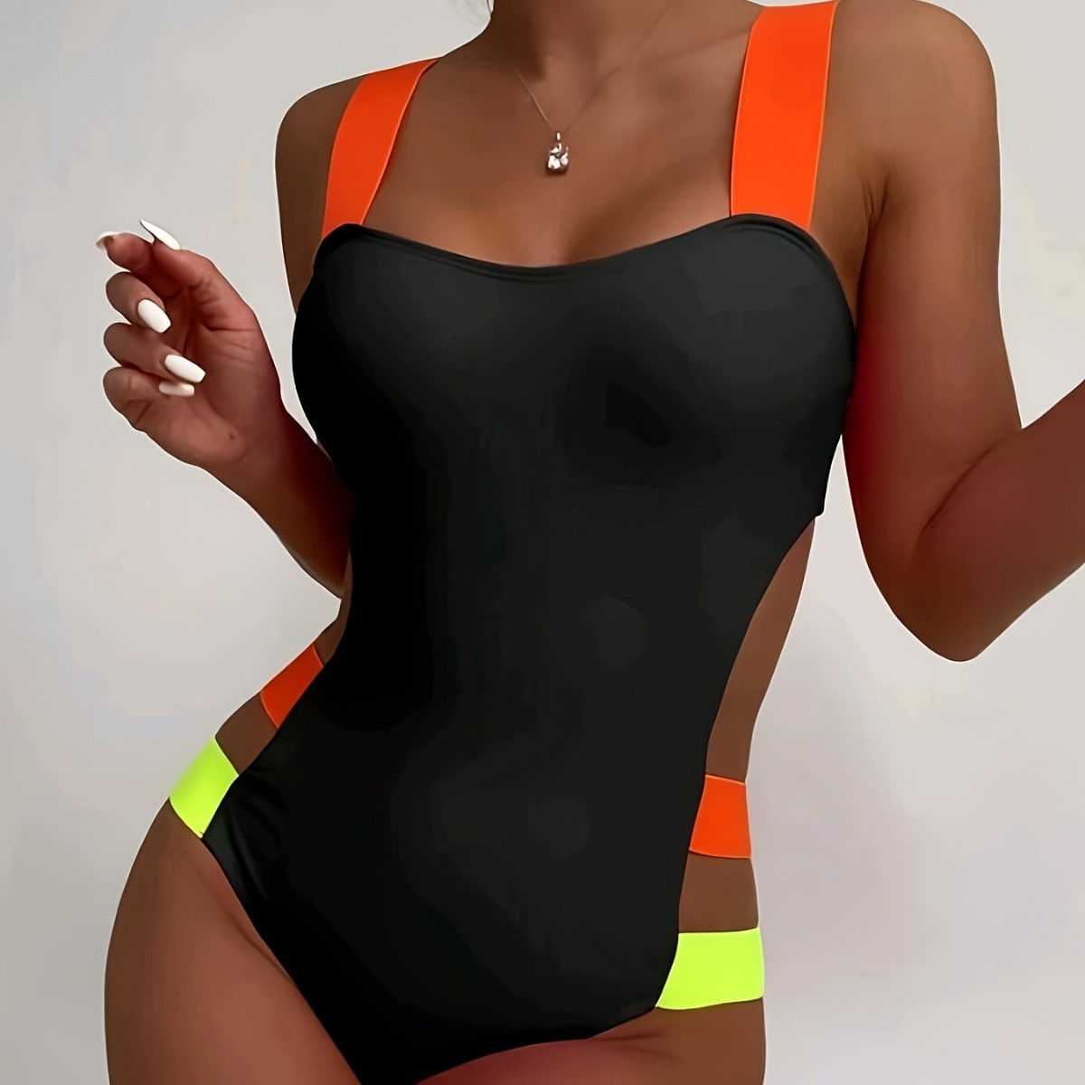 Foreign Trade New One-Piece Swimsuit Pure Color Sexy Bikini Color Matching Swimsuit European and American Women's Swimwear Export Bikini