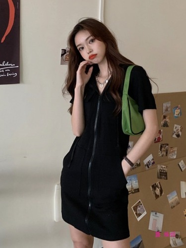 【6535 Fish Scale Fabric】Fitted Slimming Hooded Zipper Dress for Women, Can Be Sweet or Salty, Short Sleeve Casual Skirt