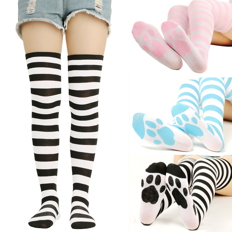 Foreign Trade Soles of Feet Cat Claw Cotton Socks Stripesd High Socks Women's European and American Thigh Socks Stockings over the Knee Socks Stockings Wholesale Price