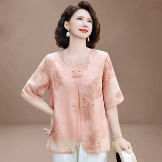 新中式妈妈夏装短袖套装2026新款国风衬衫中老年女装夏小衫两件套