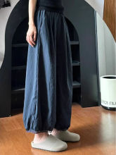 日系灯笼阔腿裤女夏薄款藏青色裤子大码胖显瘦小个子花苞九分裤