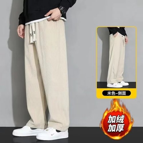 Men's Corduroy Pants for Spring and Autumn, Streetwear Loose and Flowy Straight Leg Sweatpants with Fleece, Wide Leg Sporty Casual Long Pants
