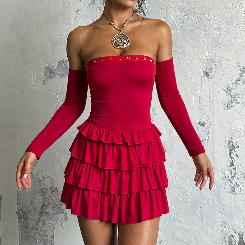 Yl25332 European and American Cross-Border Retro Autumn and Winter Hot-Selling New Long-Sleeved Tube Top Eyelet One-Shoulder Slim Dress Yl25332 European and American Cross-Border Retro Autumn and Winter Hot-Selling New Long-Sleeved Tube Top Eyelet One-Shoulder Slim Dress