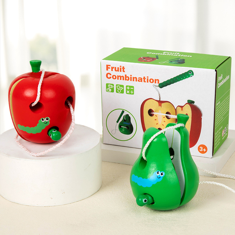 Ayuda de enseñanza infantil frutas de madera de hilo juguetes insectos comer manzanas sandía peras mano ojo ejercicio coordinado image 12