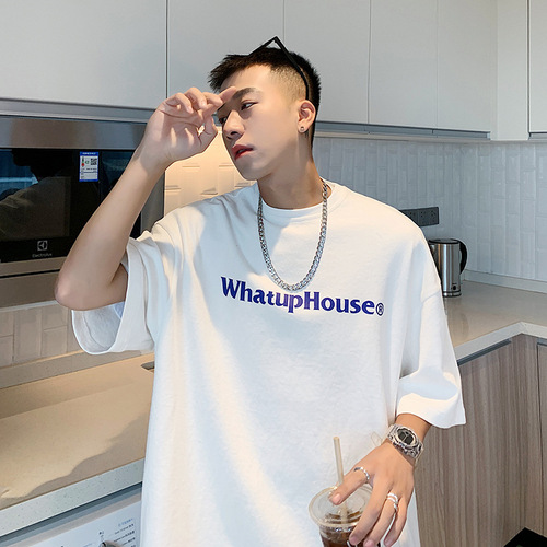 Cross-border Instagram short-sleeved t-shirt for men, Hong Kong-style printed crew neck t-shirt, Hong Kong-style simple and versatile trendy brand five-quarter upper garment