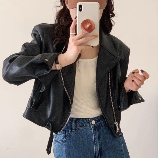 2025春秋今年流行短款小皮衣咖色翻领机车服外套设计感pu皮夹克女|undefined