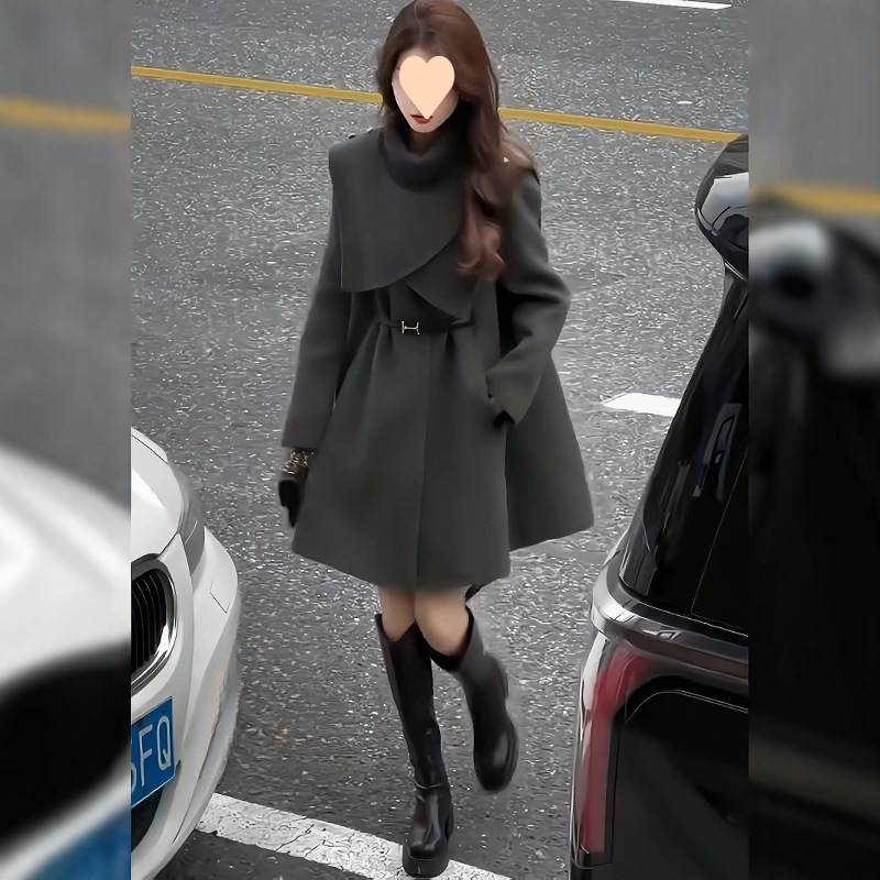 春季氛围感中长款可拆卸斗篷大衣女时尚英伦风宽松显瘦毛呢外套