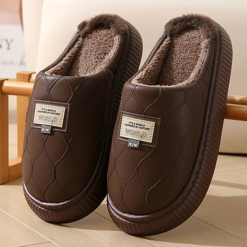 Pu Leather Waterproof Cotton Slippers for Men Winter 2025 New Style Fleece-Lined Thickeneded Fur One-Piece Plush Cotton Slippers for Men