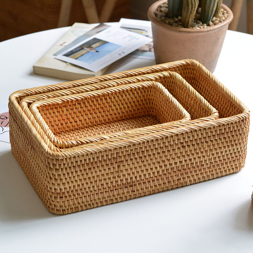 Wholesale Japanese and Korean Nordic style rattan hand-woven sundry organization desktop square fruit plate storage basket
