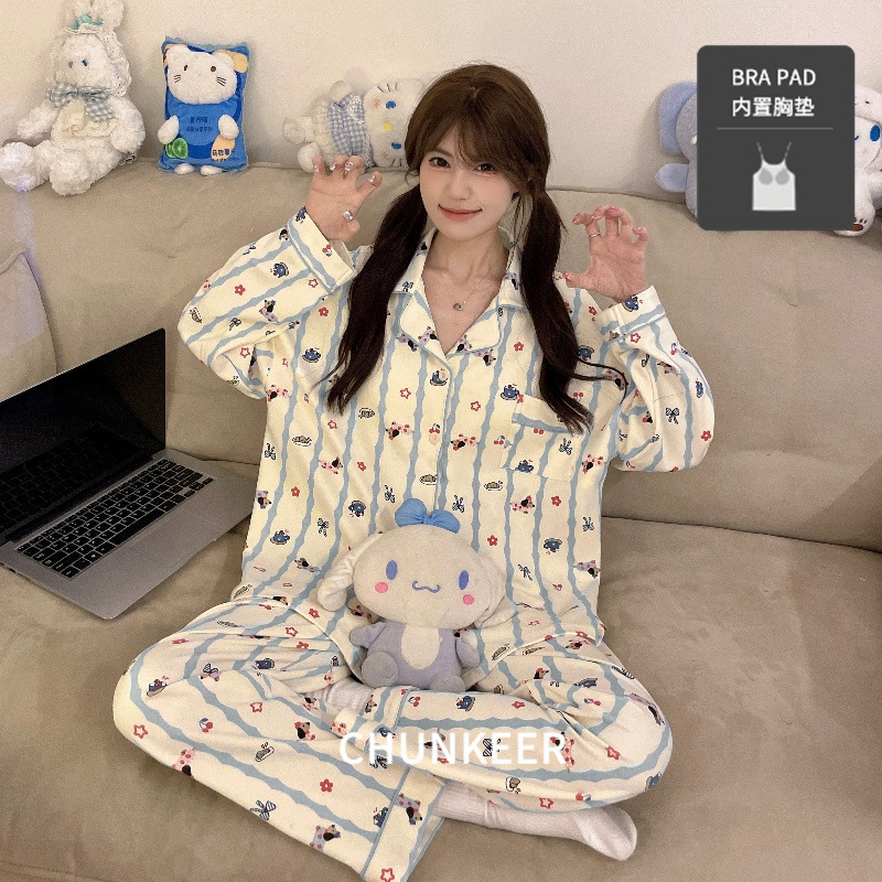 New Style Pajamas with Breast Pads for Women, Autumn Long-Sleeved Trousers, Cardigans, Sweet Cartoon High-Looking Home Clothes, Large Size Suits